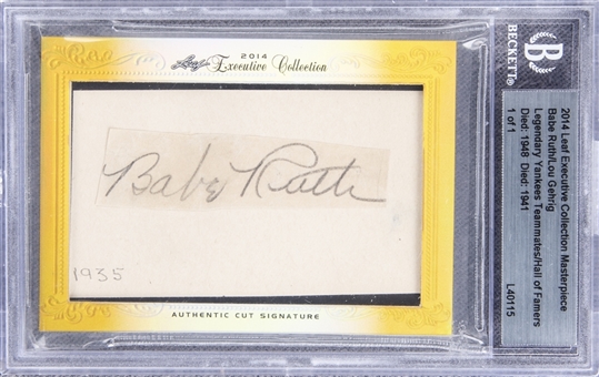 2014 Leaf "Executive Collection" Masterpiece Legendary Yankees Teammates Signed Cuts Card (#1/1) – Featuring the Signatures of Babe Ruth and Lou Gehrig!
